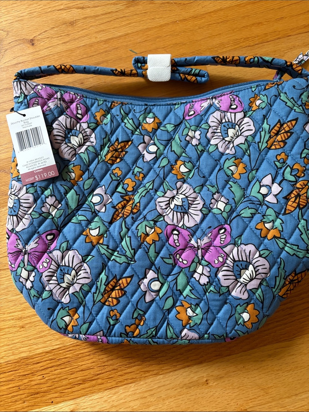 Vera Bradley Quilted Blue Floral & Butterfly Slouchy Bucket Shoulder Bag